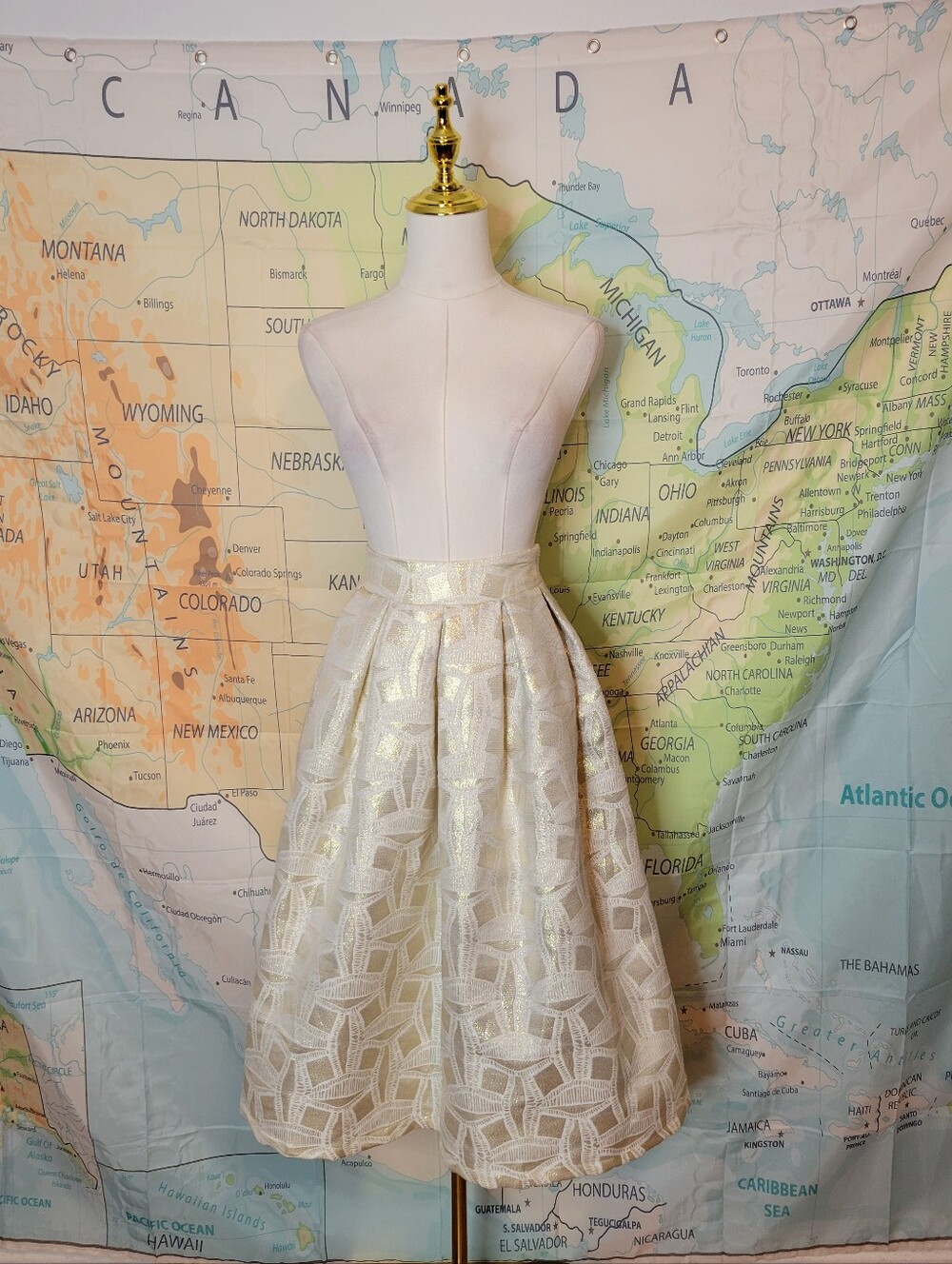 Haute Monde Ivory Metallic A-Line Midi Skirt